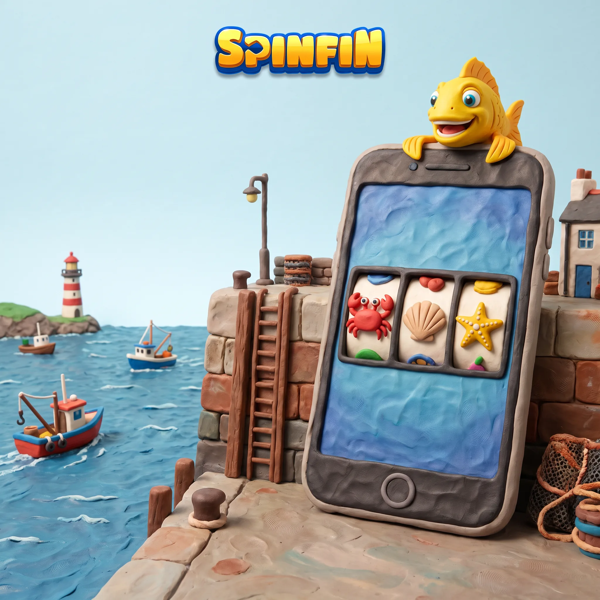 SpinFin mobile casino illustrated in a colourful clay seaside scene