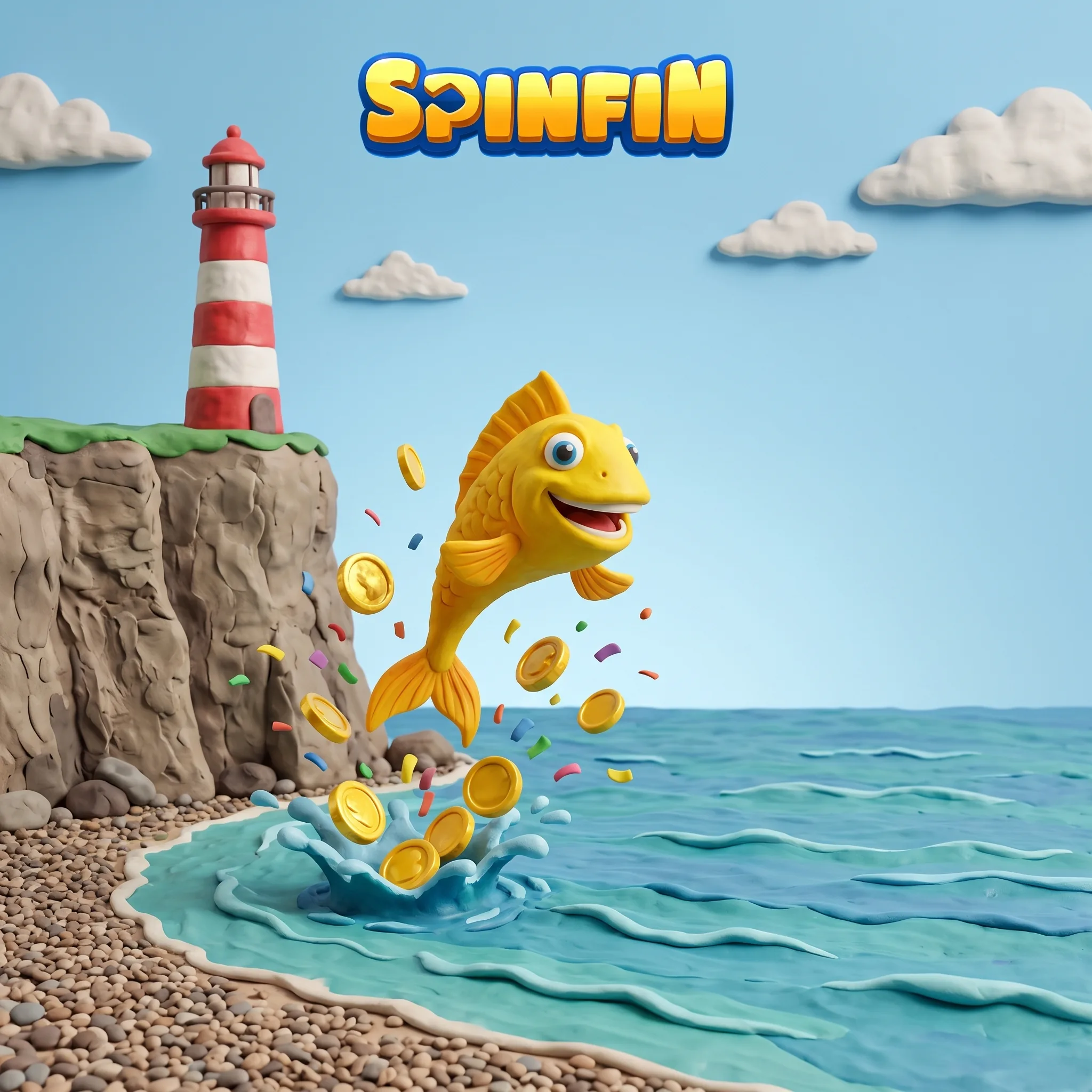 SpinFin golden clay fish jumping beside a Cornish lighthouse